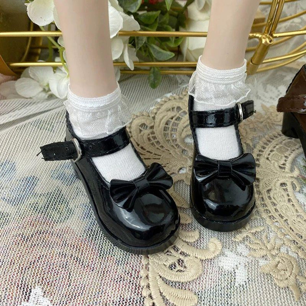 BJD Doll Mary Jane Shoes – 1/6 1/4 1/3 Doll Shoes, Glossy Bow Shoes, Cute School Style Doll Accessories, Black White Brown