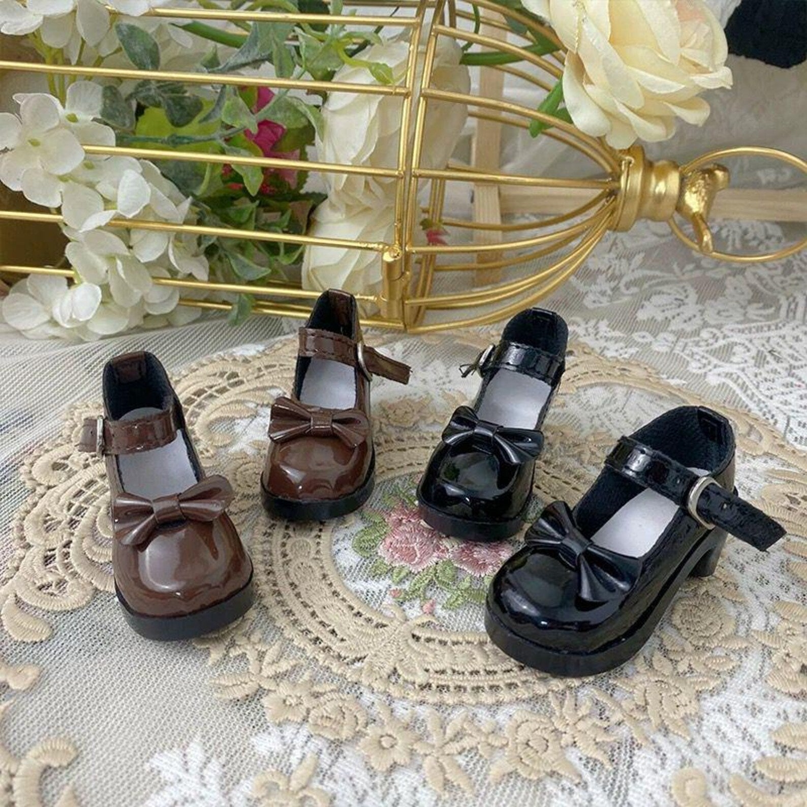 BJD Doll Mary Jane Shoes – 1/6 1/4 1/3 Doll Shoes, Glossy Bow Shoes, Cute School Style Doll Accessories, Black White Brown