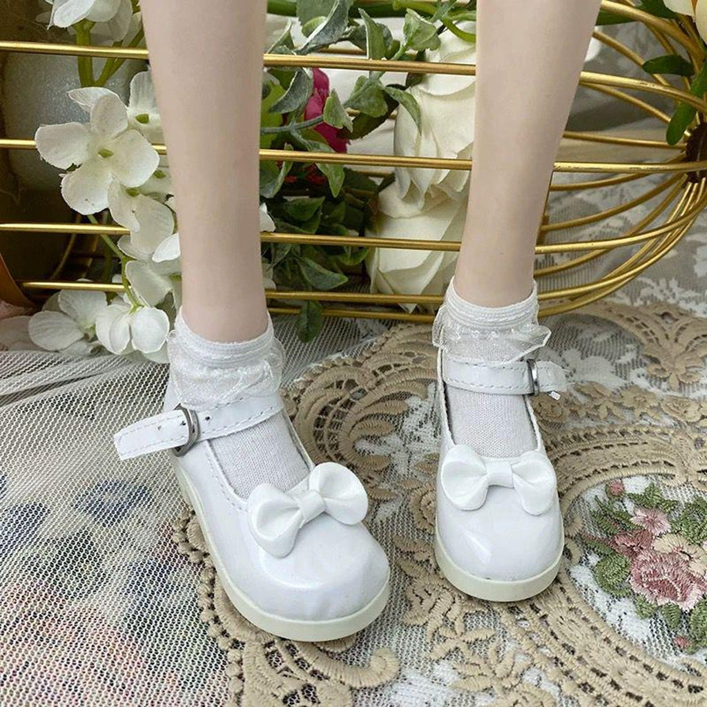 BJD Doll Mary Jane Shoes – 1/6 1/4 1/3 Doll Shoes, Glossy Bow Shoes, Cute School Style Doll Accessories, Black White Brown