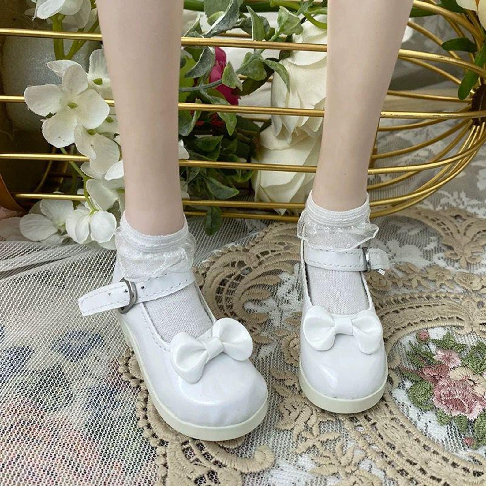 BJD Doll Mary Jane Shoes – 1/6 1/4 1/3 Doll Shoes, Glossy Bow Shoes, Cute School Style Doll Accessories, Black White Brown