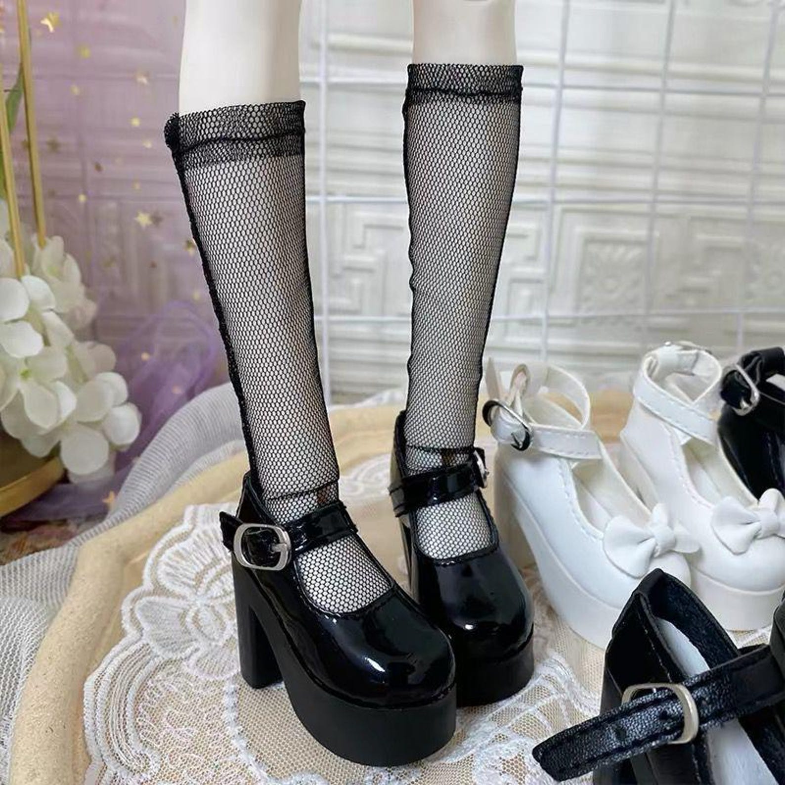 BJD Doll Platform Heels – 1/4 1/3 Doll Shoes, Chunky High Heel Mary Jane, Glossy Black White Doll Shoes, Gothic Lolita Style