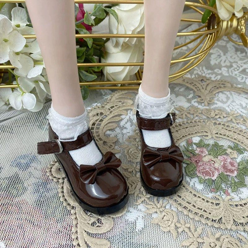 BJD Doll Mary Jane Shoes – 1/6 1/4 1/3 Doll Shoes, Glossy Bow Shoes, Cute School Style Doll Accessories, Black White Brown