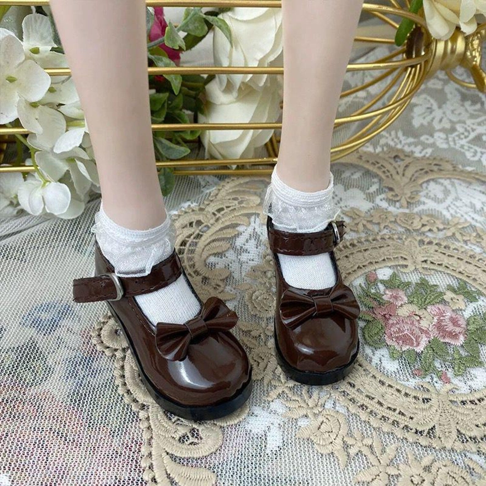 BJD Doll Mary Jane Shoes – 1/6 1/4 1/3 Doll Shoes, Glossy Bow Shoes, Cute School Style Doll Accessories, Black White Brown
