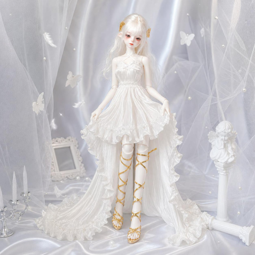 White Angel BJD Dress Outfit, Ethereal Doll Gown With Lace Ruffle Train, Handmade Doll Clothes for 1/4 1/3 BJD