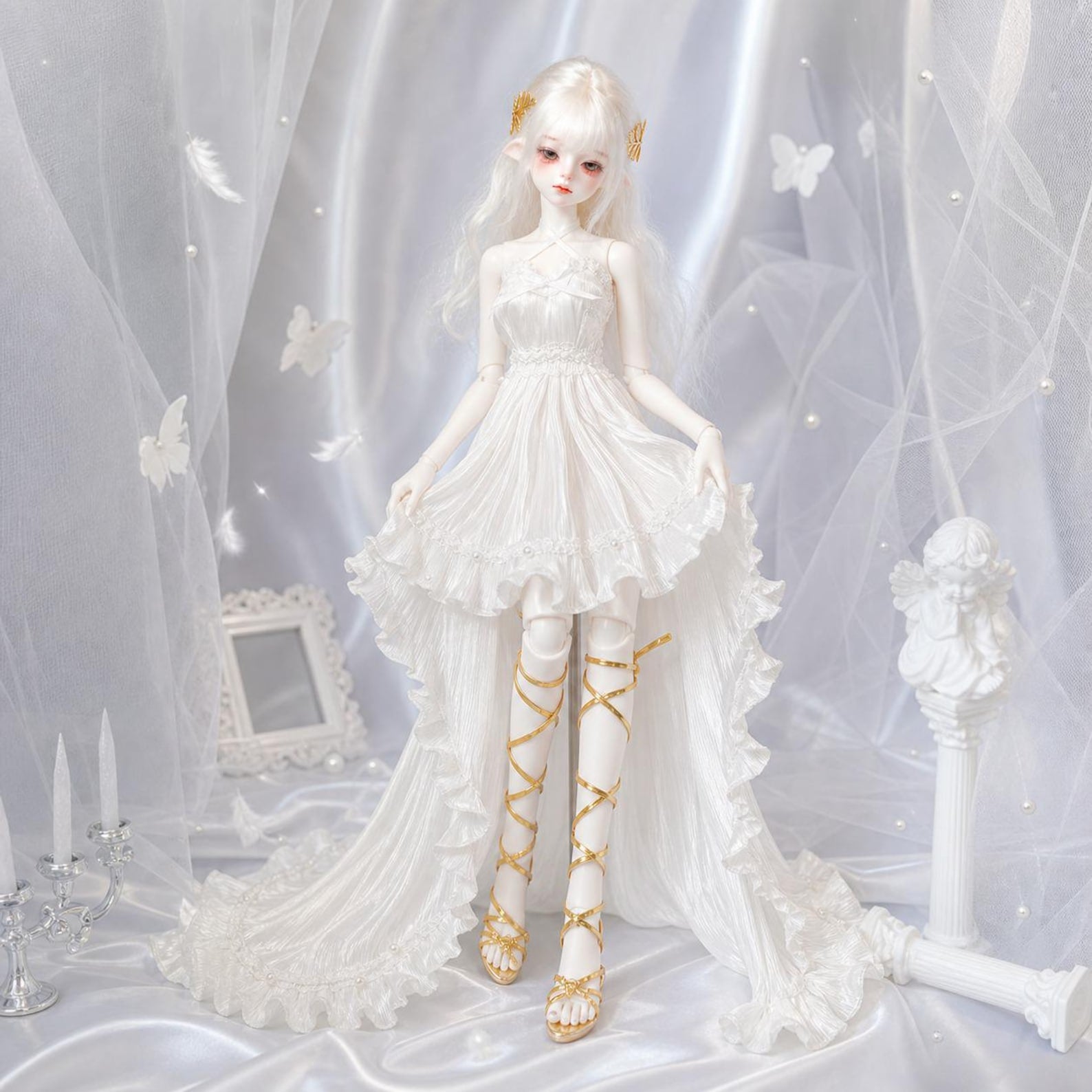 White Angel BJD Dress Outfit, Ethereal Doll Gown With Lace Ruffle Train, Handmade Doll Clothes for 1/4 1/3 BJD