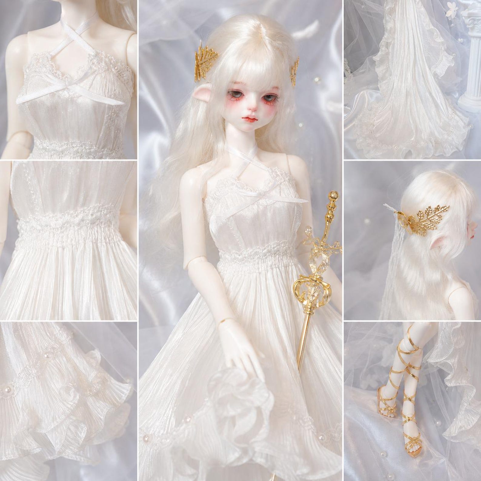 White Angel BJD Dress Outfit, Ethereal Doll Gown With Lace Ruffle Train, Handmade Doll Clothes for 1/4 1/3 BJD