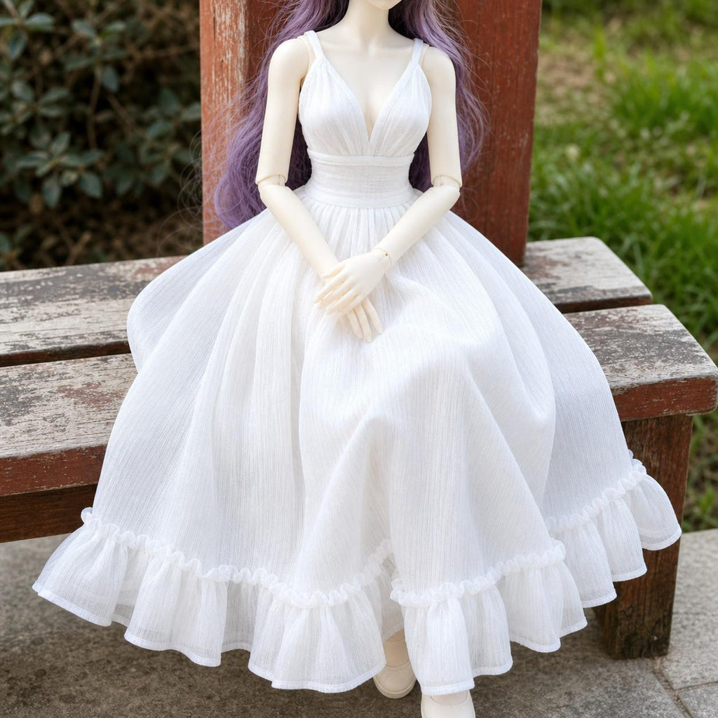 White Ruffle BJD Dress, Sleeveless V Neck Doll Gown, Handmade Doll Clothes for 1/3 1/4 1/6 BJD