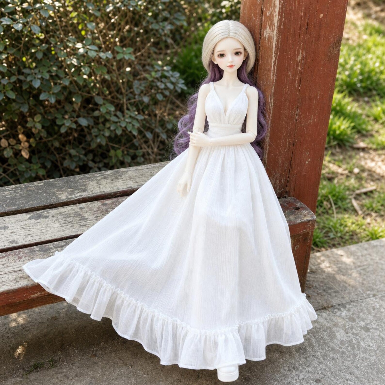 White Ruffle BJD Dress, Sleeveless V Neck Doll Gown, Handmade Doll Clothes for 1/3 1/4 1/6 BJD