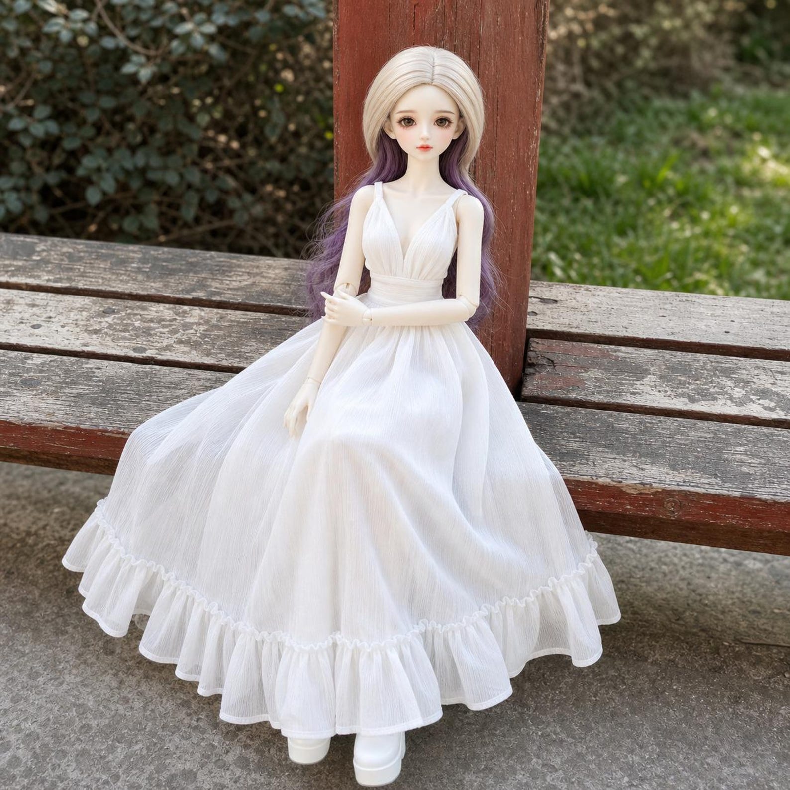 White Ruffle BJD Dress, Sleeveless V Neck Doll Gown, Handmade Doll Clothes for 1/3 1/4 1/6 BJD