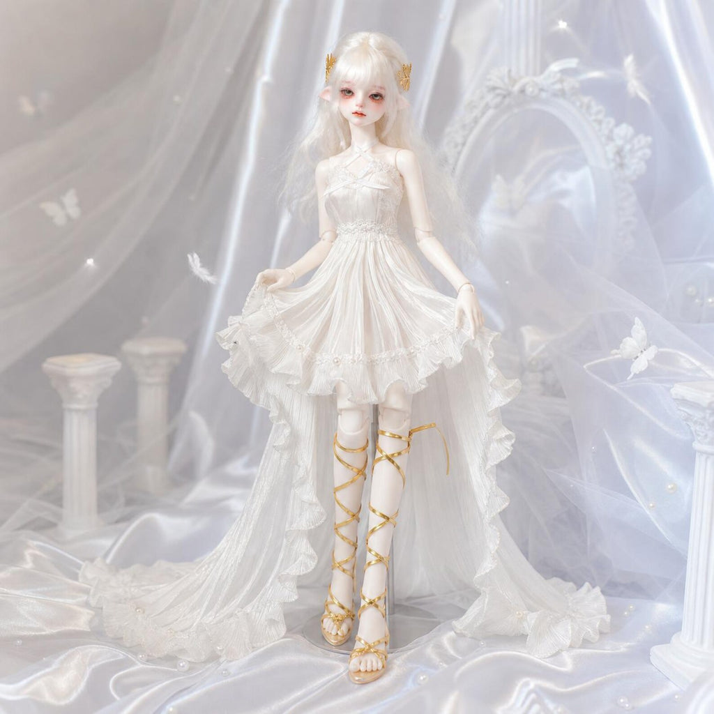 White Angel BJD Dress Outfit, Ethereal Doll Gown With Lace Ruffle Train, Handmade Doll Clothes for 1/4 1/3 BJD