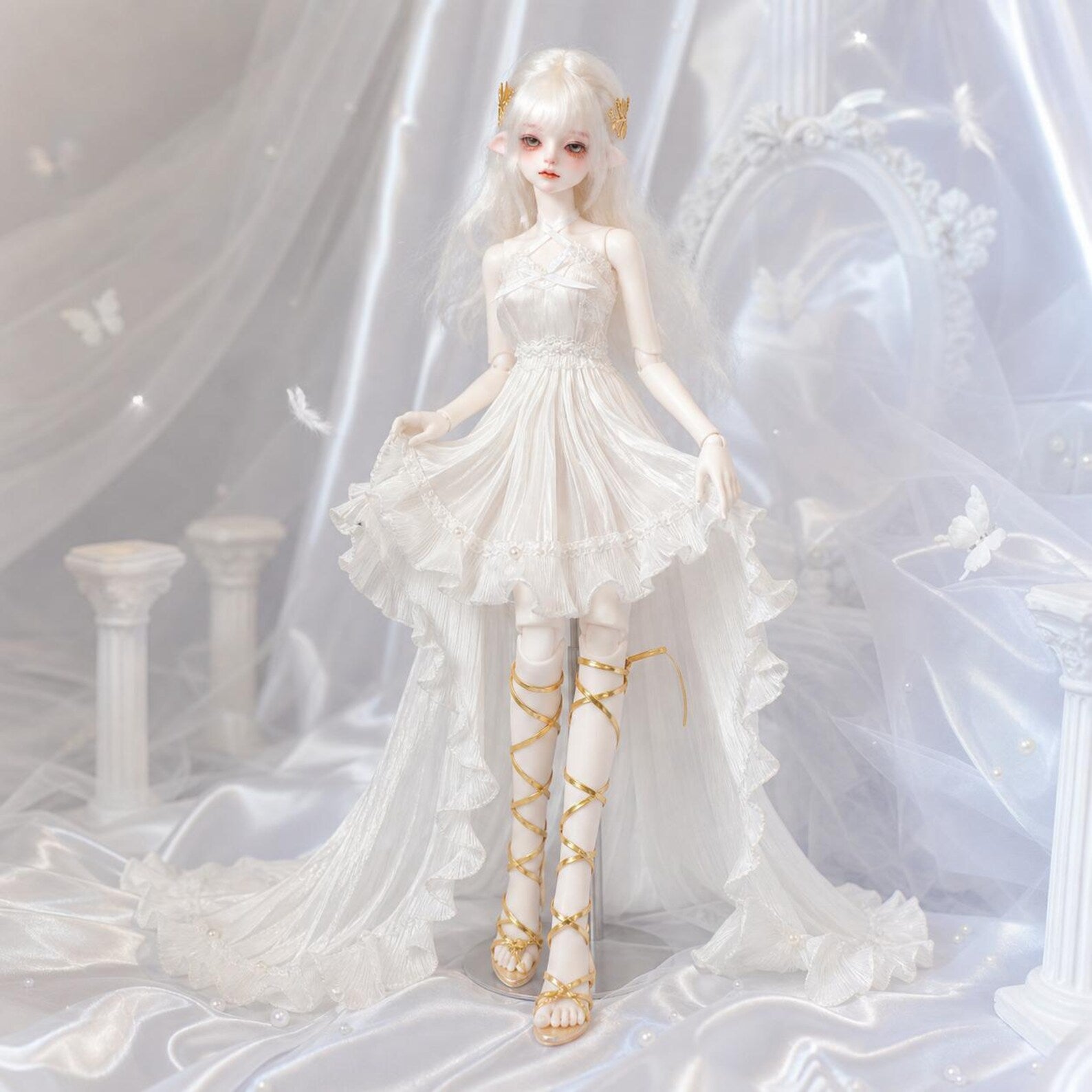 White Angel BJD Dress Outfit, Ethereal Doll Gown With Lace Ruffle Train, Handmade Doll Clothes for 1/4 1/3 BJD