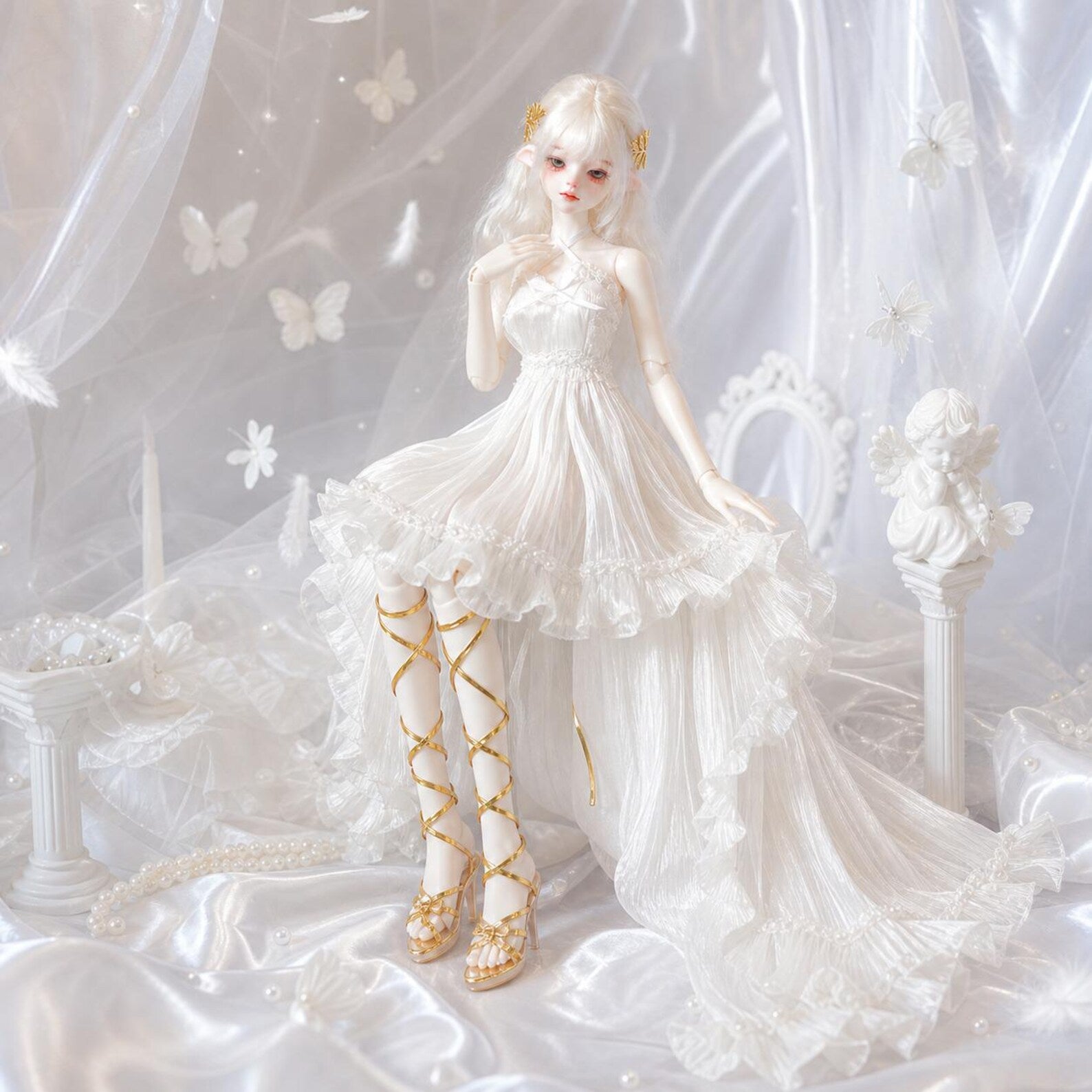 White Angel BJD Dress Outfit, Ethereal Doll Gown With Lace Ruffle Train, Handmade Doll Clothes for 1/4 1/3 BJD