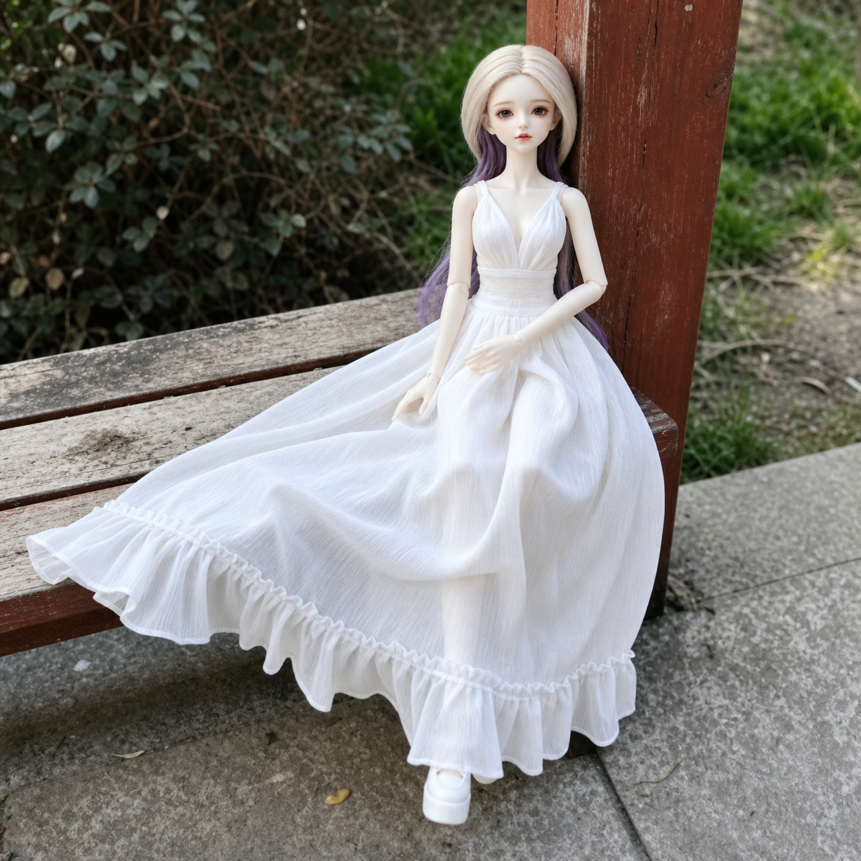 White ruffle BJD doll dress lifestyle view